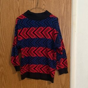 Vintage T.Q. 80s 90s Long Slv Red Blue Black Geometric Mock Neck Sweater Size M